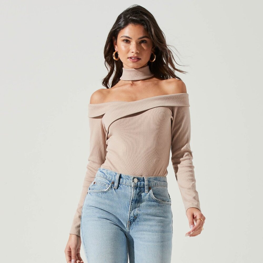 ASTR The Label Tribeca Choker Neck Off Shoulder Bodysuit in Taupe -- Size XS